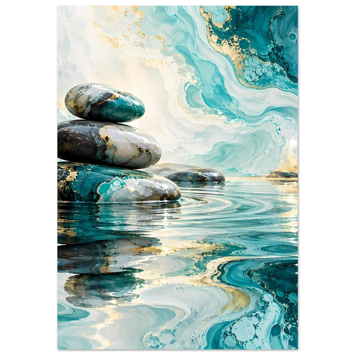 Zen-Poster mit Blick auf türkisfarbenes Wasser und schimmernde Steine im Vordergrund
