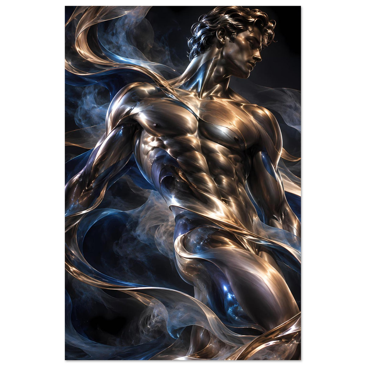 Kunstposter mit Frauenfigur in Silberoptik und goldenen Lichträndern im Rauch