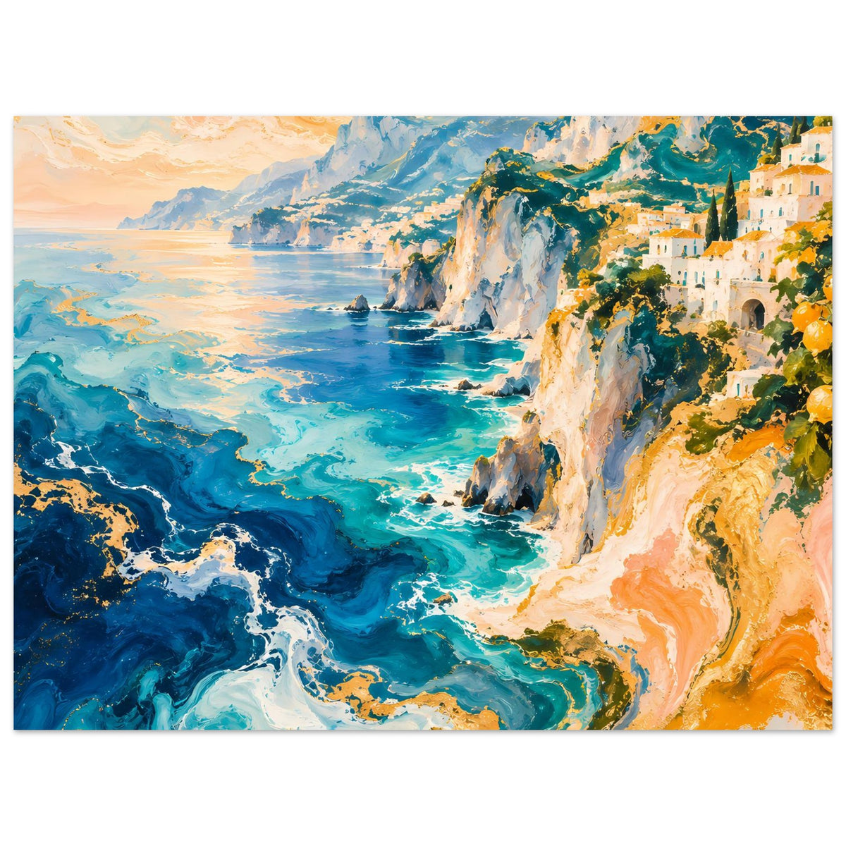 Horizontales Poster: Blick auf Küstenklippen, türkis schäumende Wellen und warme Abendtöne