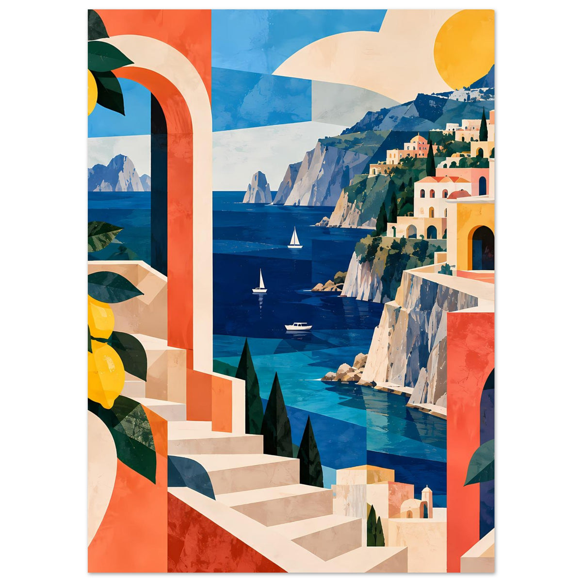 Mediterranes Küstenposter: Treppe mit Säulen, Zitronenmotiv links und Küste rechts