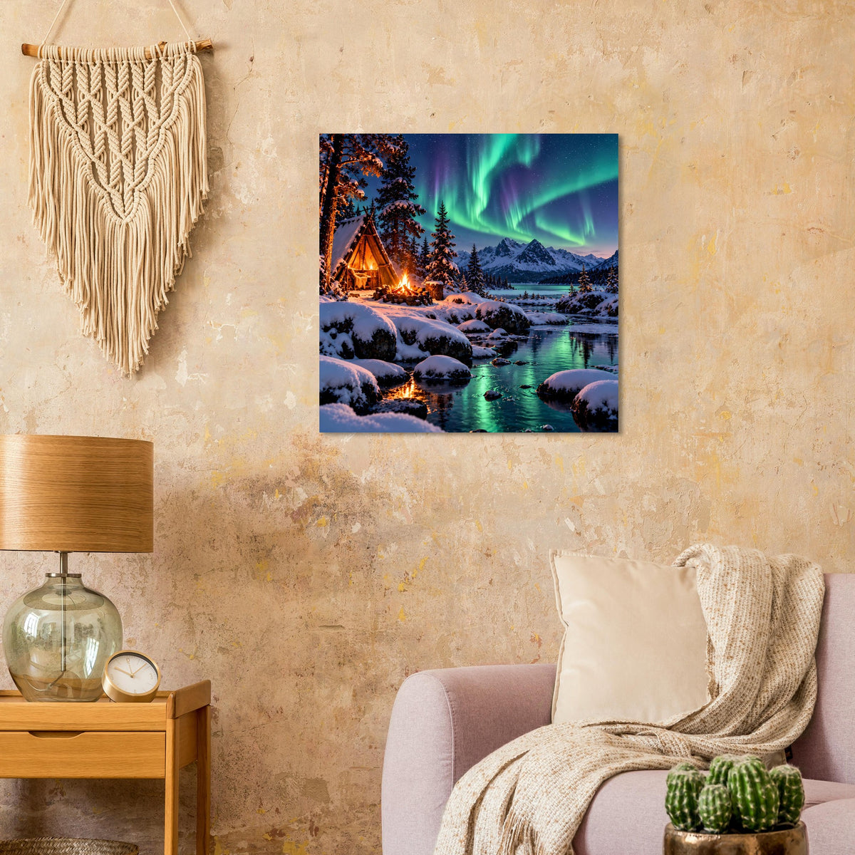 Blau gerahmtes Winterlandschaftsposter mit Nordlichtern, verschneitem Fluss und Hütte