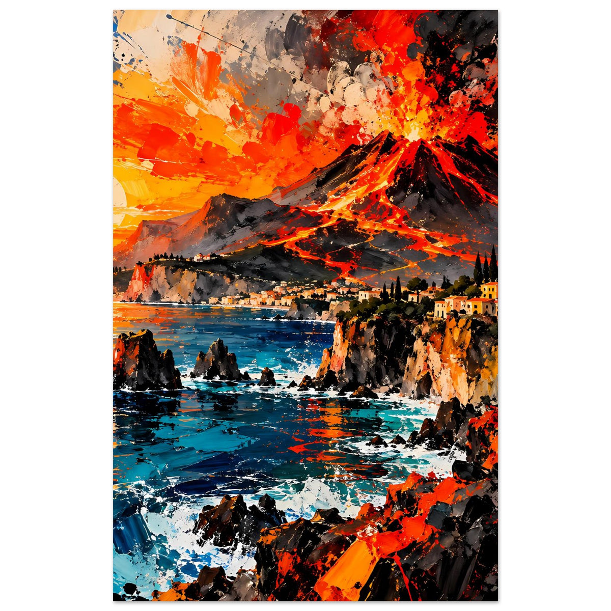Vulkan-Eruptionsposter, vertikal: Lavafontäne über Küste mit blauen Wasserflächen