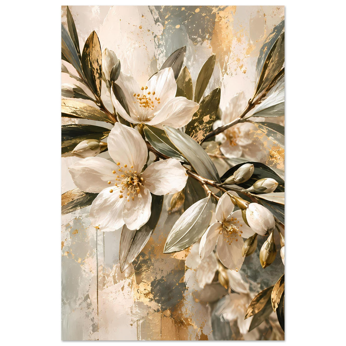 Vertikales Blumenposter mit weißen Blüten und goldenen Akzenten, abstrakte Farbflecken