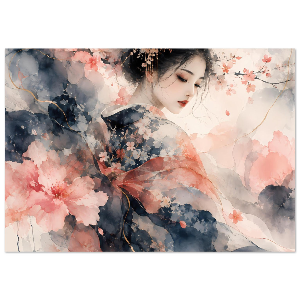 Poster im Querformat mit Aquarell: Kirschblüten, Zweige und Frau in sanften Rosa- und Blautönen