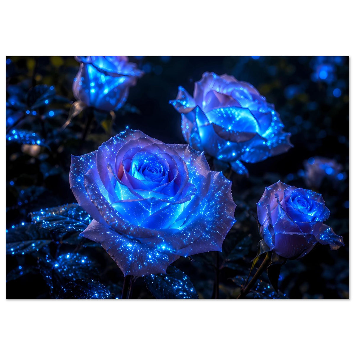 Poster mit leuchtenden blauen Rosen, glitzernder Sternenlicht-Look auf Blütenblättern