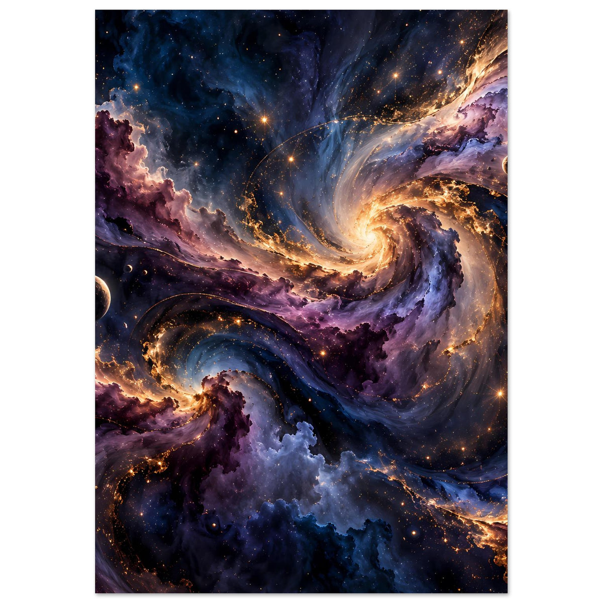 Weltraum-Poster mit Spiralgalaxie, orange-goldenem Lichtkranz und violettblauen Nebelflächen.