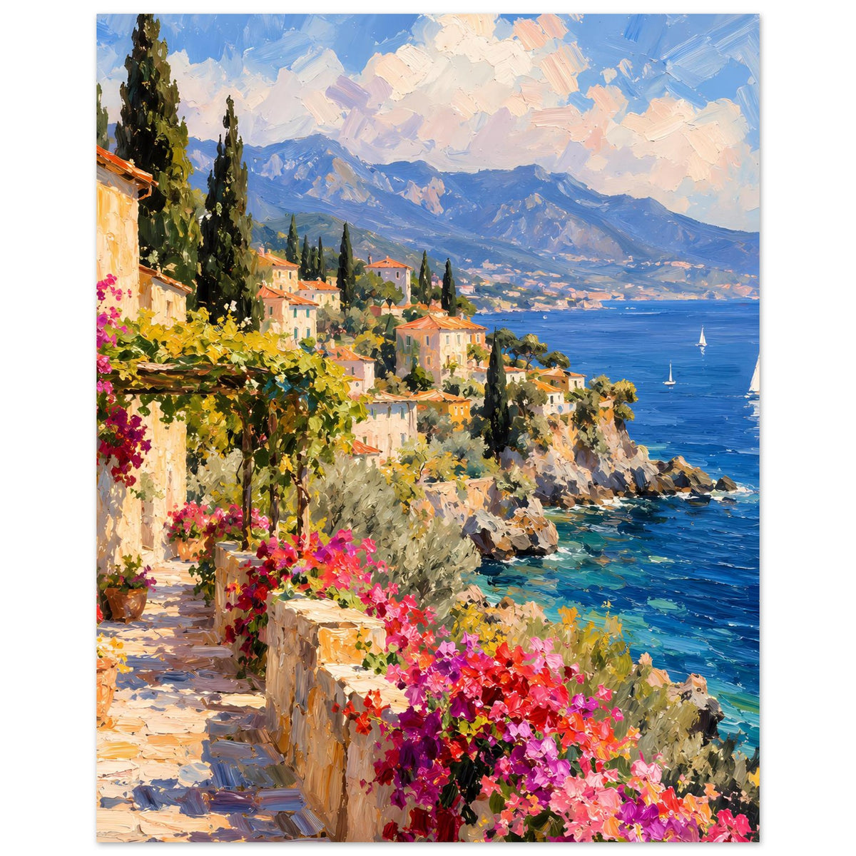 Vertikales Wandposter mit mediterraner Küste: blühende Blumen, Häuser, blaues Meer und Berge.