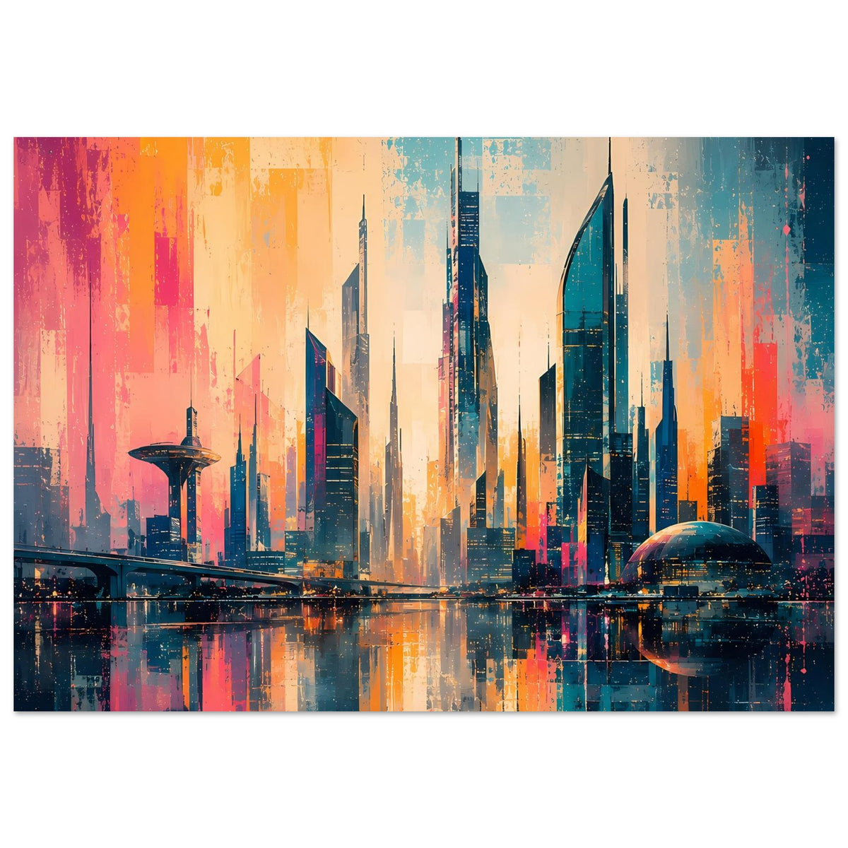 Horizontales Stadtbild-Poster mit futuristischen Türmen und Reflexionen, kräftiger Kontrast