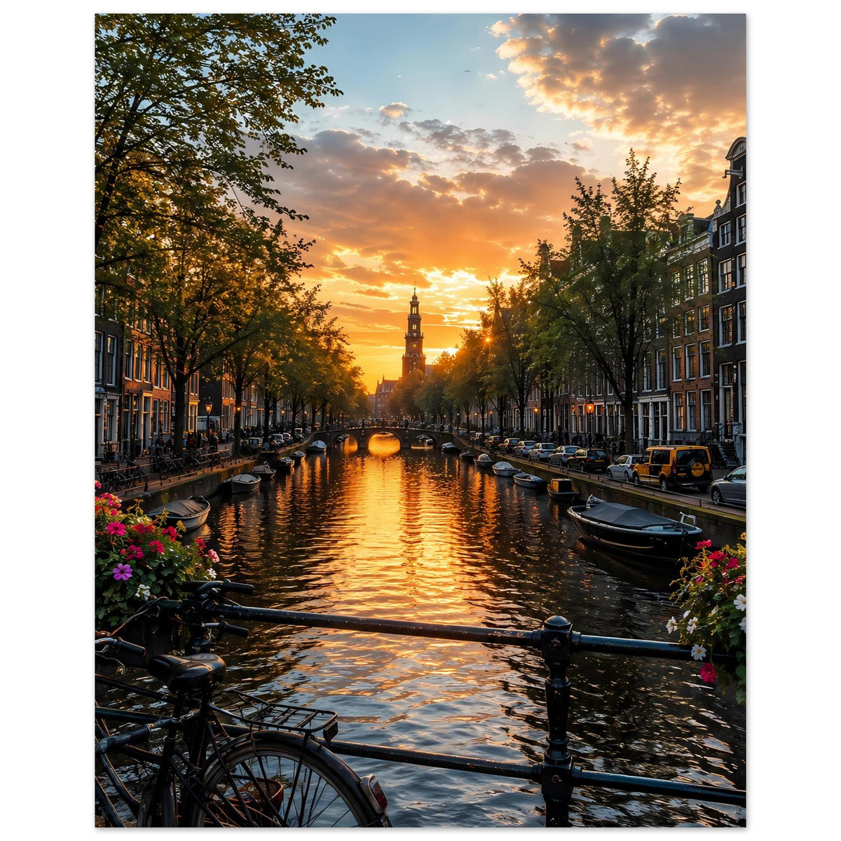 Poster mit Kanal bei Sonnenuntergang, Booten am Rand, Blumenbeeten und Fahrradzubehör vorn.