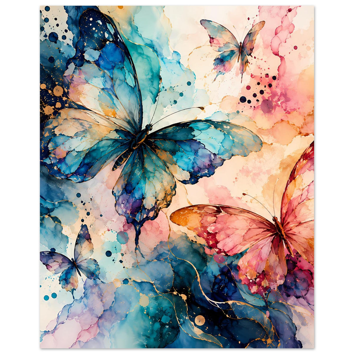 Aquarell-Schmetterlingsposter mit großen Flügeln in Blau, Türkis und Rosa, bunt gesprenkelt
