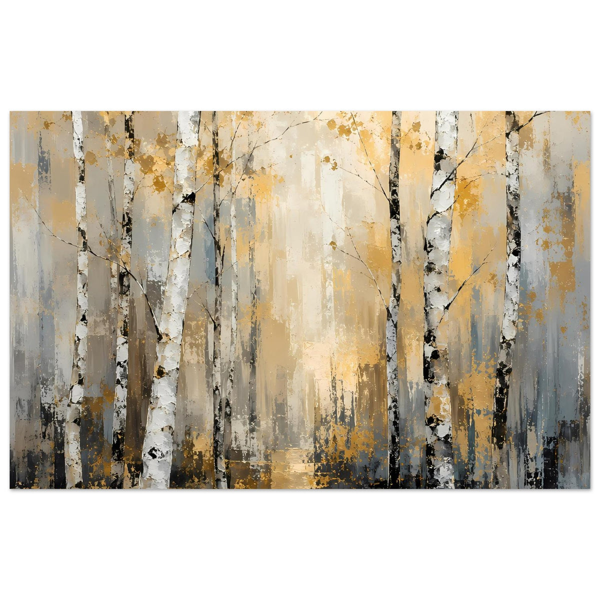Kunstdruck Birkenwald im Querformat: breite Baumstämme in Grau und Gold, Sprenkeloptik, abstrakter Hintergrund