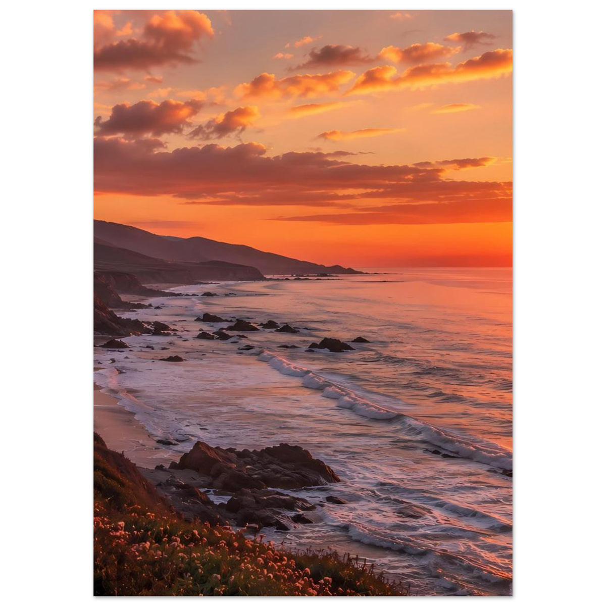 Vertikales Poster mit Küstenstrand bei Sonnenuntergang, warmes Orange und ruhige See.