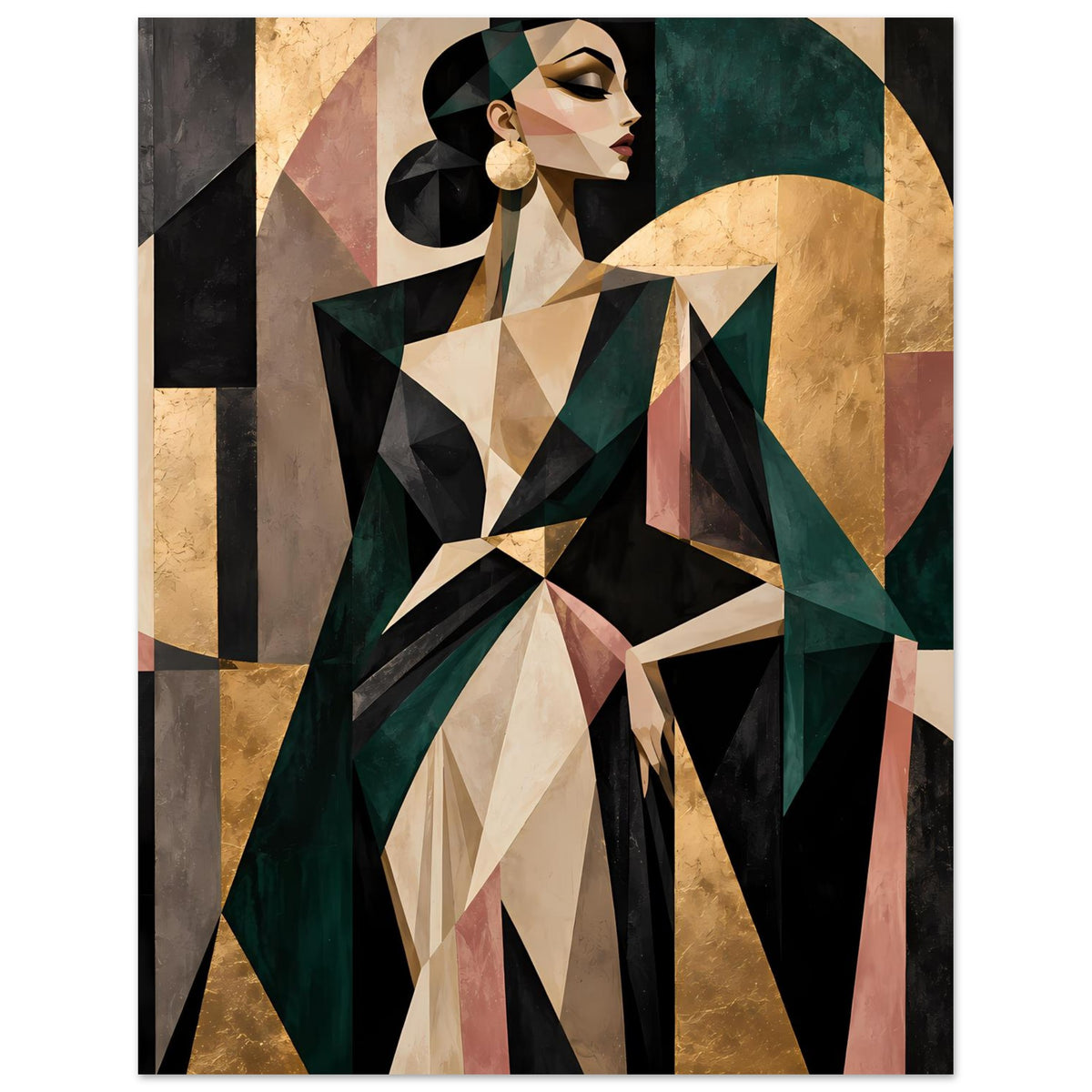 Abstraktes Poster mit geometrischer Frau in Olivgrün, Gold und Rosé