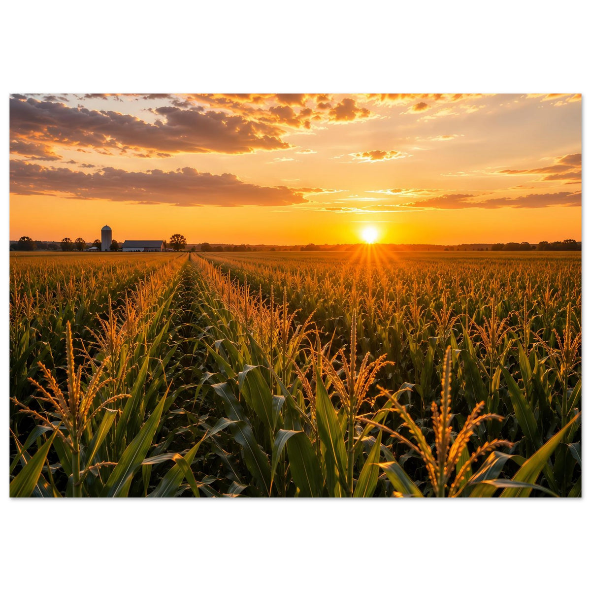 Premium-mattes Poster, Querformat: Sonnenaufgang über Maisfeld, orangefarbener Wolkenhimmel