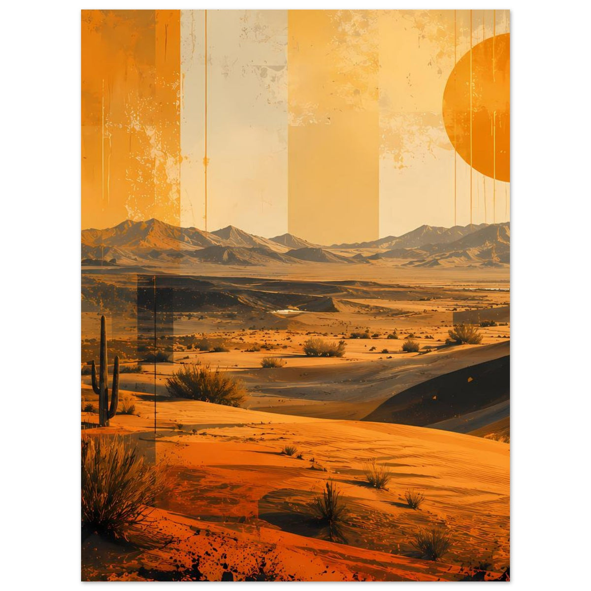 Wüstenkunstposter mit Kakteen, Dünenlandschaft und orangefarbener Kreis-Sonne