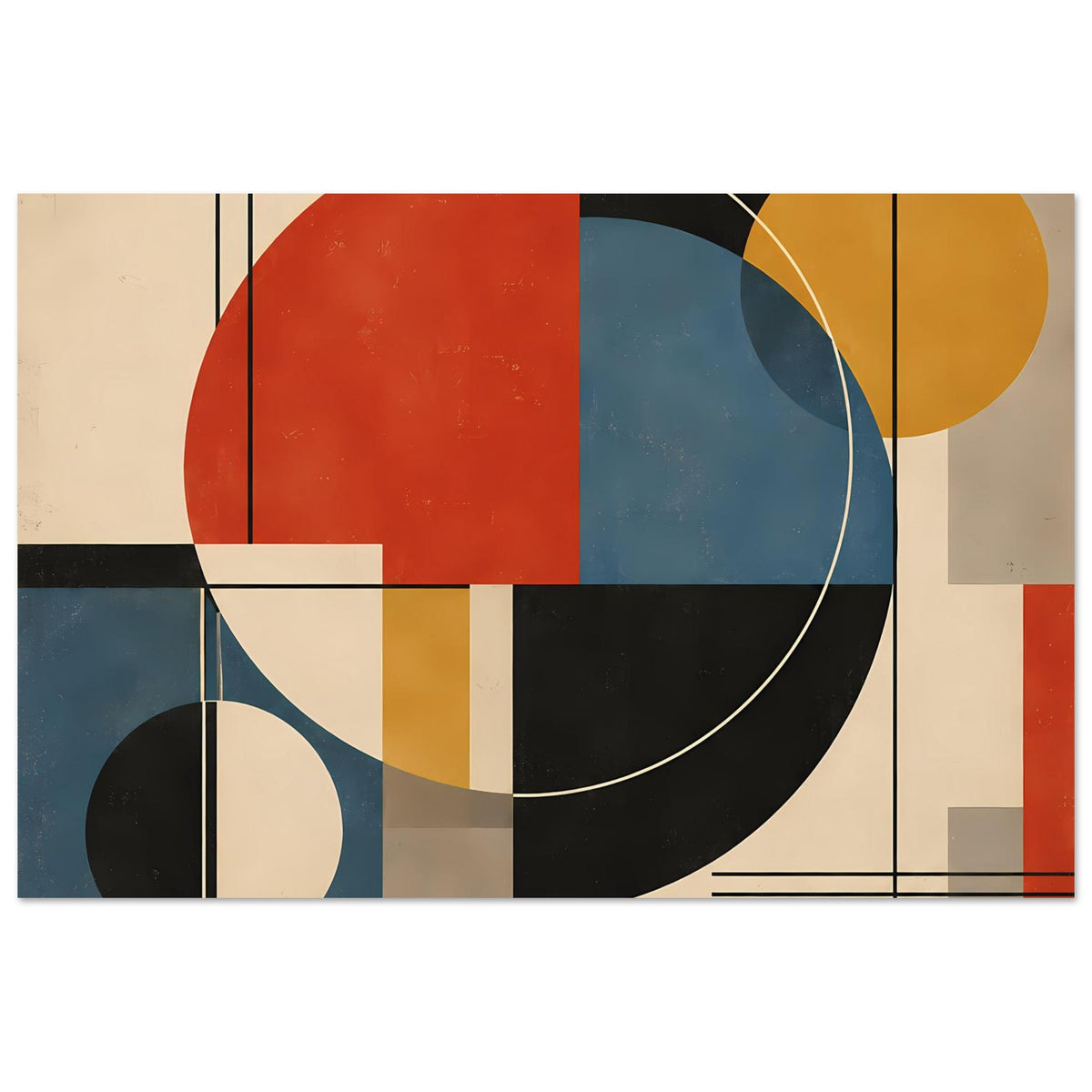 Geometrisches Poster mit roten und blauen Rechtecken, schwarzen Bögen und gelben Kreisen.