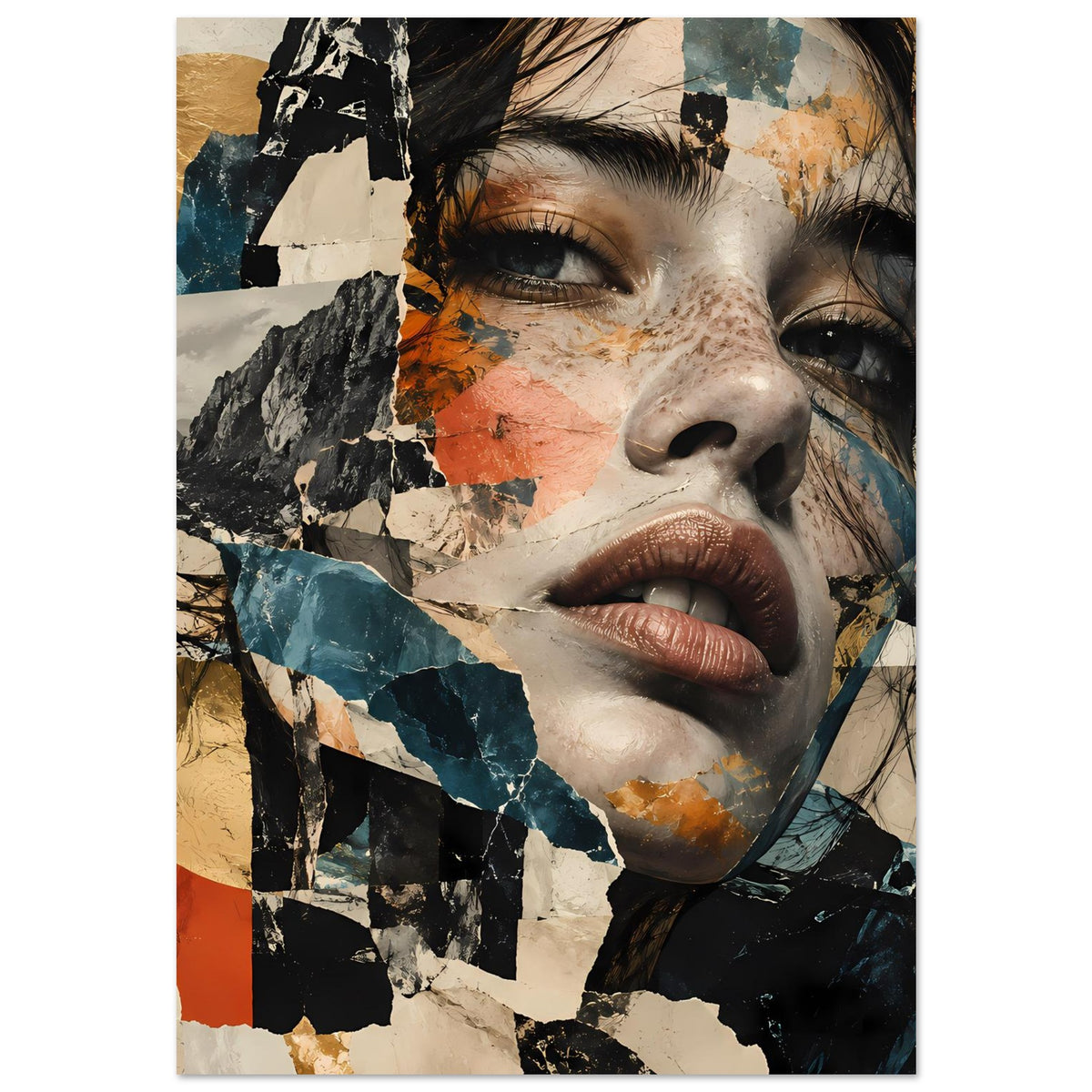 Abstraktes Collage-Porträtposter mit Frauen-Gesicht, Lippen in Braunton, farbige Papierflicken