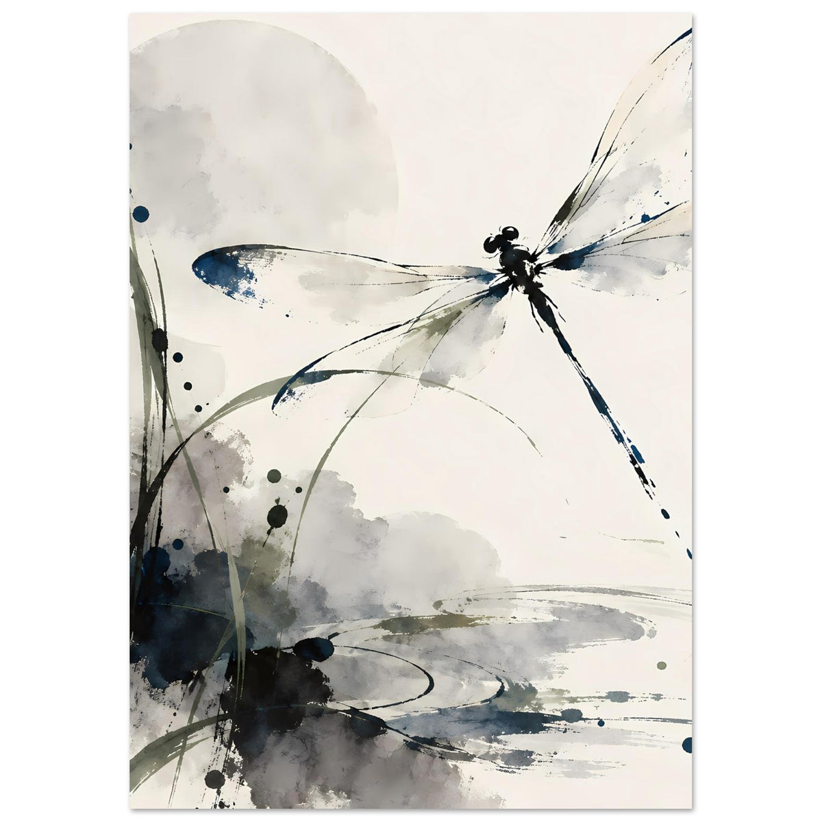 Aquarell-Poster mit Libelle in Blau, grauer Sprüh- und Pinselverlauf im unteren Bereich