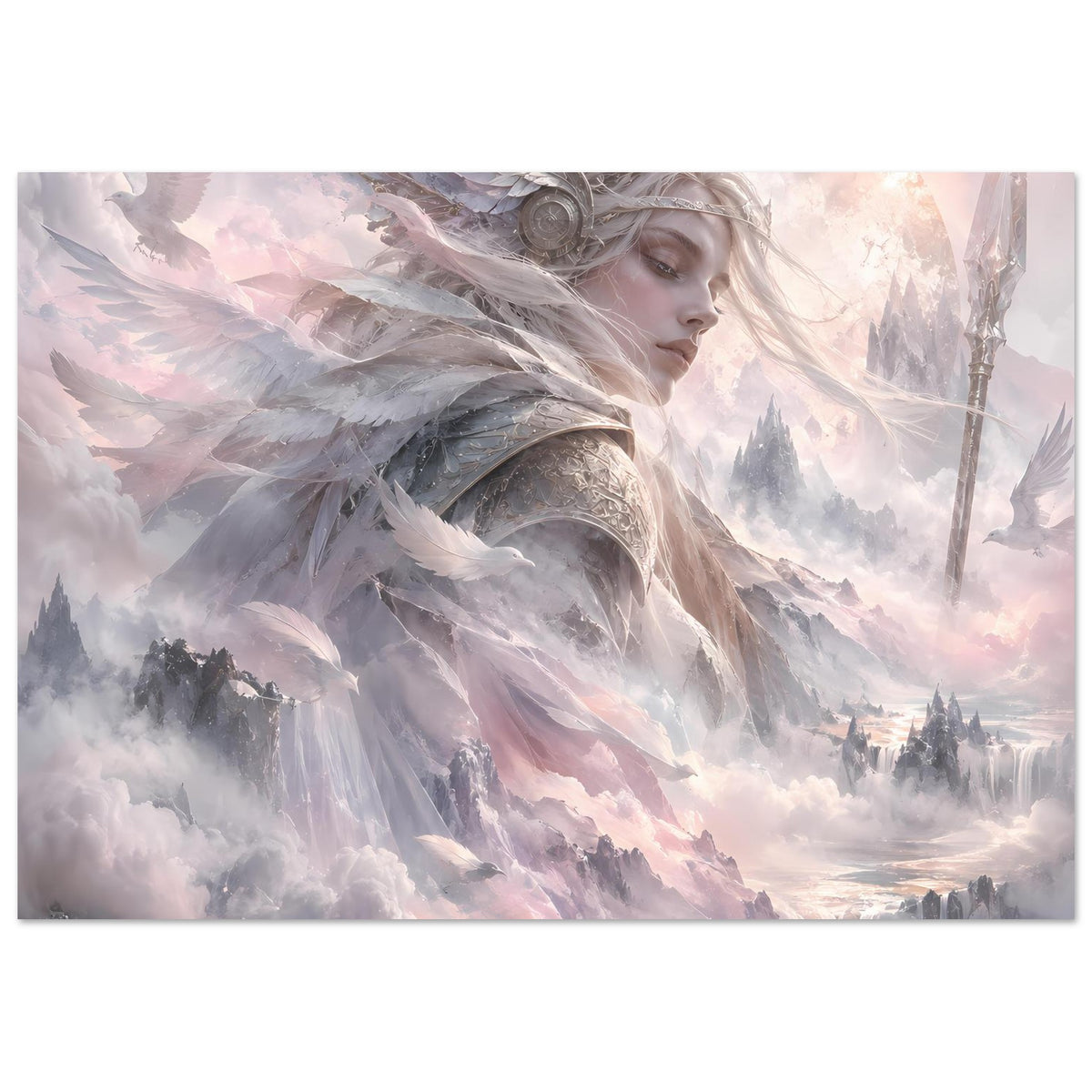 Fantasy-Poster: Walküre mit Federflügeln, Helm und Speer in nebliger Landschaft