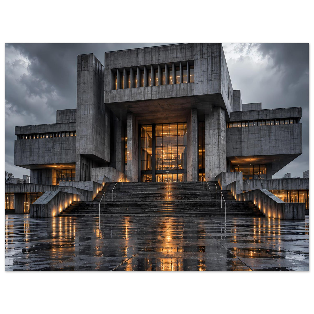 Architekturposter mit Betonfassade, Treppenstufen und symmetrischen Seitenbalkonen mit Lichterreihen