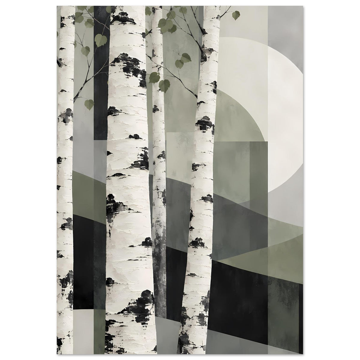 Naturposter mit Birkenstämmen, schwarzen Farbakzenten und großem hellen Halbkreis rechts