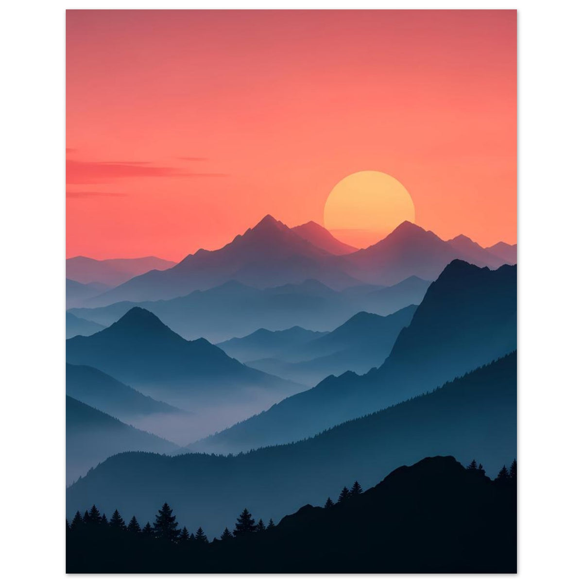 Landschaftsposter mit Sonnenuntergang in Pastellfarben, großer gelber Sonne und blauen Bergketten