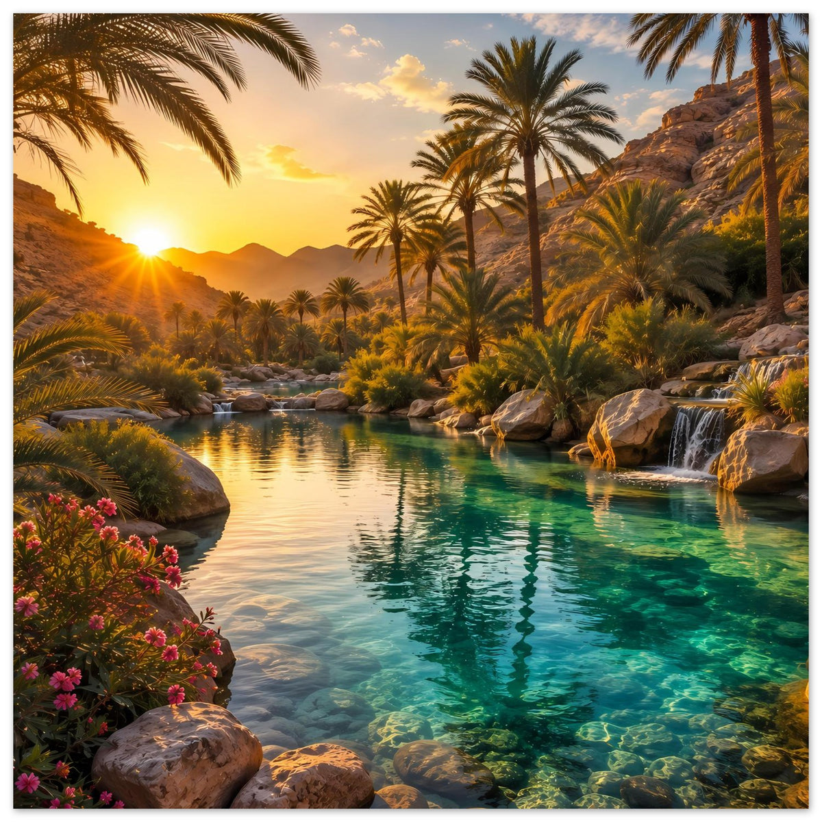 Poster mit tropischem Fluss, Palmenreihe, Wasserfall rechts und goldenem Himmel