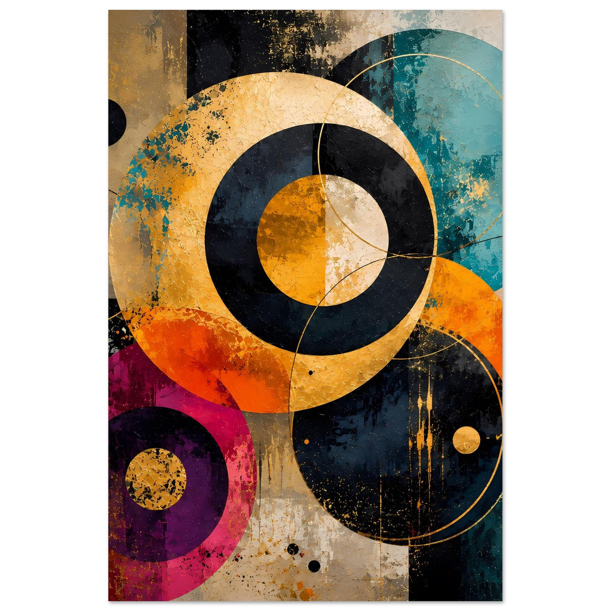 Abstraktes Kreis-Poster (hochkant) mit großen Ringen, orange-gelben Flächen und blauen Kreisen