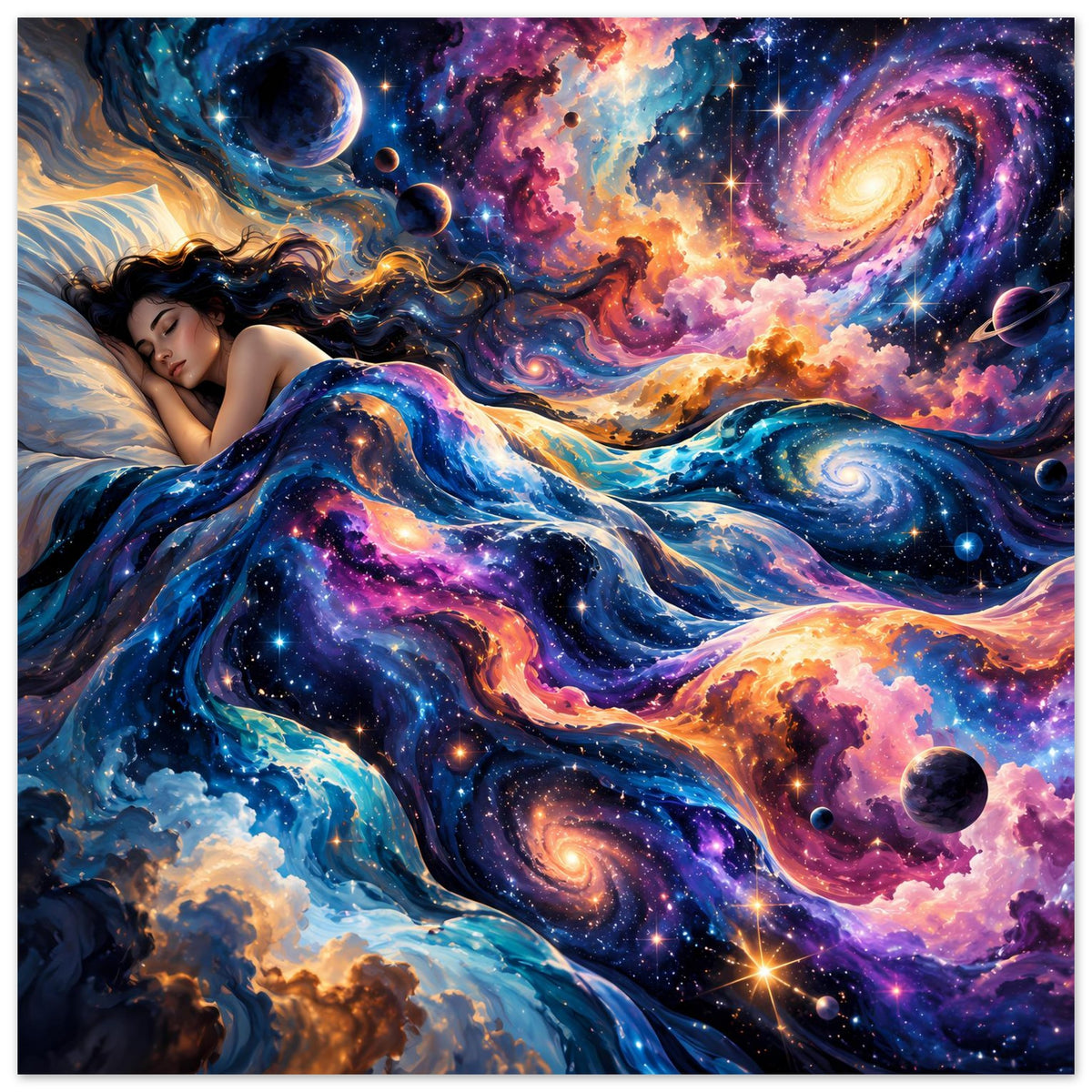 Galaxie-Poster mit liegender Frau, bunten Sternen, Planeten und Nebeln, Querformat.