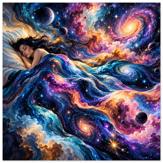 Galaxie-Poster mit liegender Frau, bunten Sternen, Planeten und Nebeln, Querformat.
