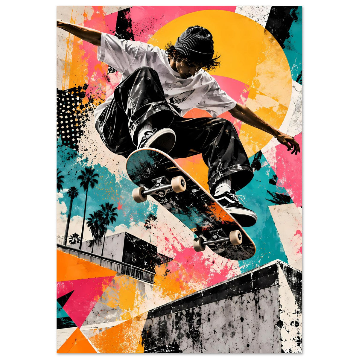 Poster mit Skateboarder: schwarze Schuhe und Board, Schwarzweißmotiv vor Neon-Grafik