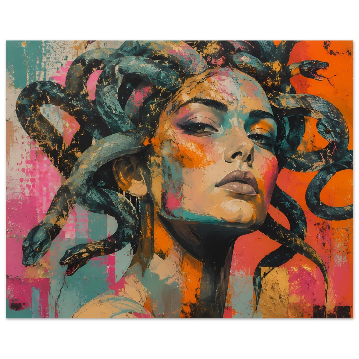 Querformat-Poster mit Medusa-Porträt und farbigem Schlangenhaar, kontrastreicher Stil