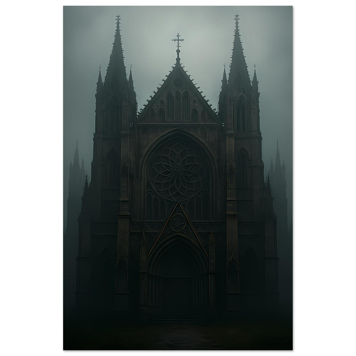 Gotisches Kathedralenposter im Hochformat mit spitzen Türmen und großem Rundbogen-Portal im Nebel
