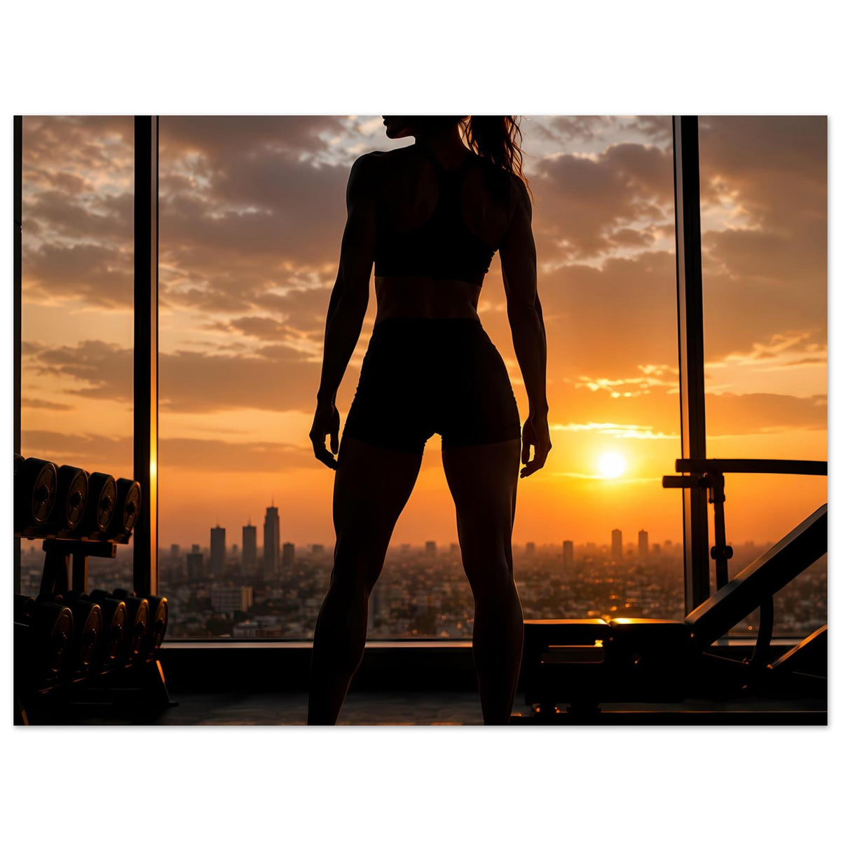 Fitness-Poster, quer: Silhouette einer Frau in Sporttop und Shorts, Rückenblick