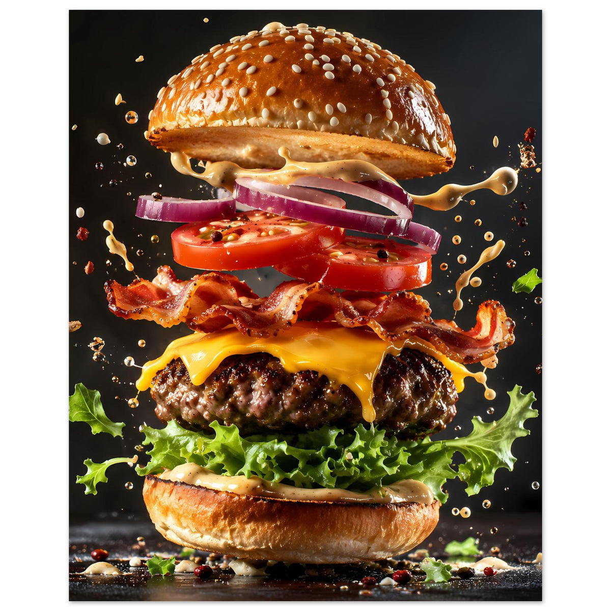 Vertikales Burger-Explosions-Poster mit Bacon, Käse, Tomatenscheiben, Zwiebel und Salat