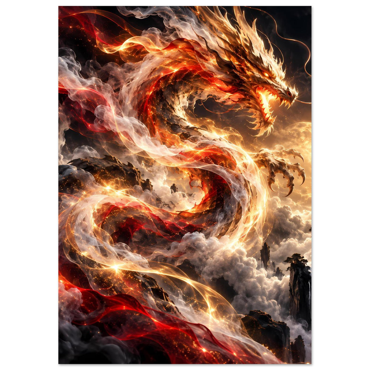 Fantasy-Poster mit Feuerdrache in Rot und Gold, Kopf mit Flammen, Rauchschwaden