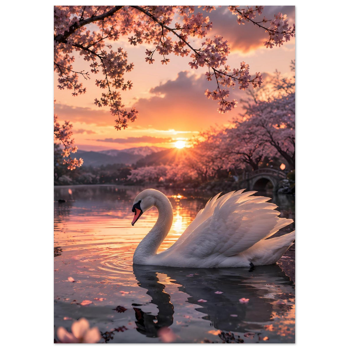Vertikales Poster mit weißem Schwan am See bei Sonnenuntergang, Blütenäste über dem Wasser