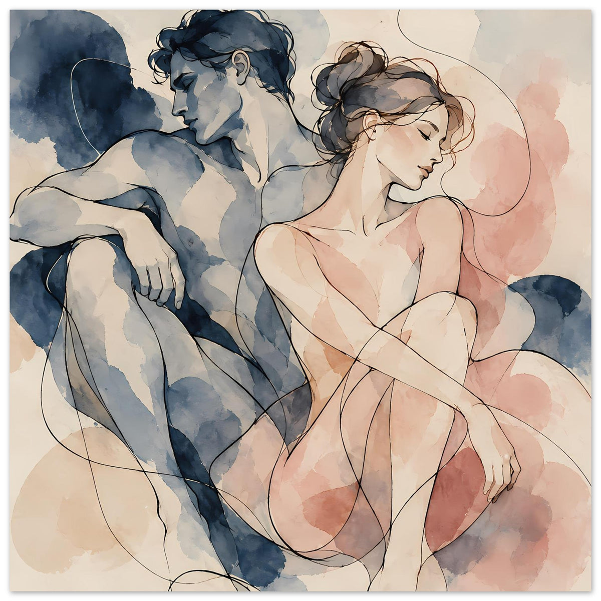 Aquarell-Paarposter im Hochformat: umarmtes Paar in Blau und Rosa, feine Linien im Motiv
