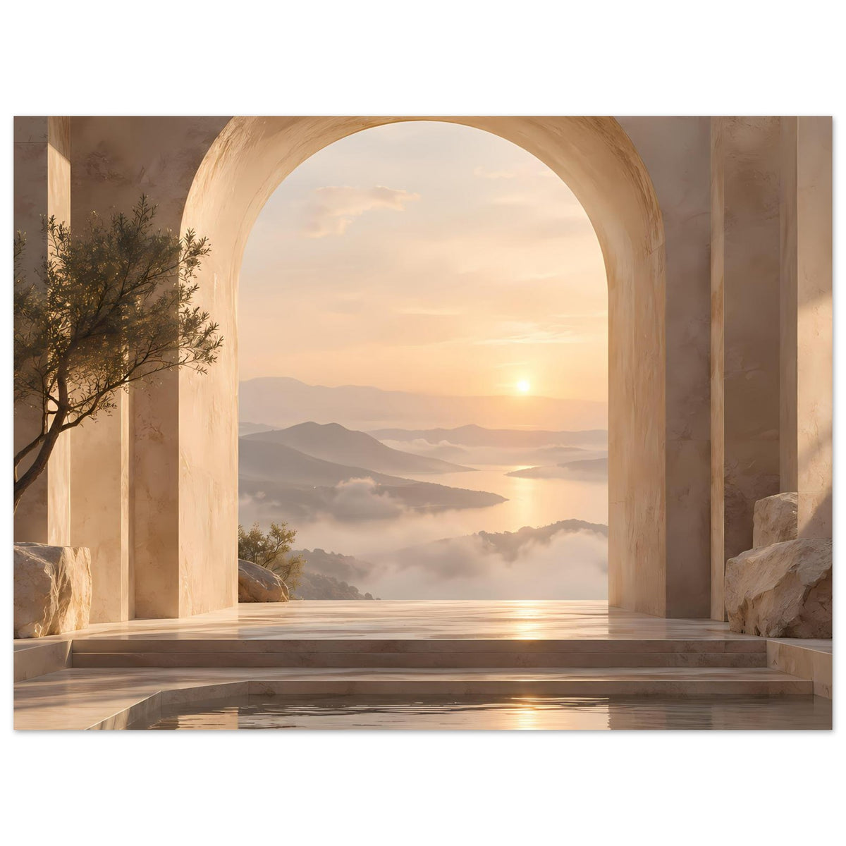 Wandposter mit Rundbogen, Sonnenaufgang über Bergzug, Nebel und ruhiges Wasser vor Steintreppe