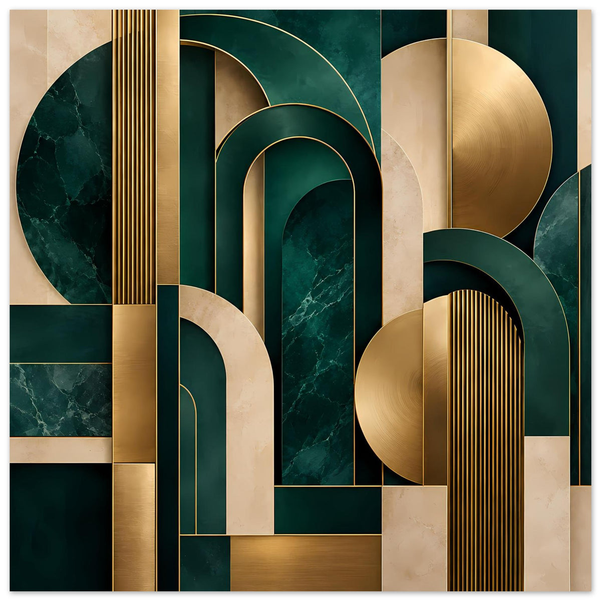 Horizontales Art-Deco Poster: goldene Arkaden, geschwungene Formen und dunkelgrüne Akzente