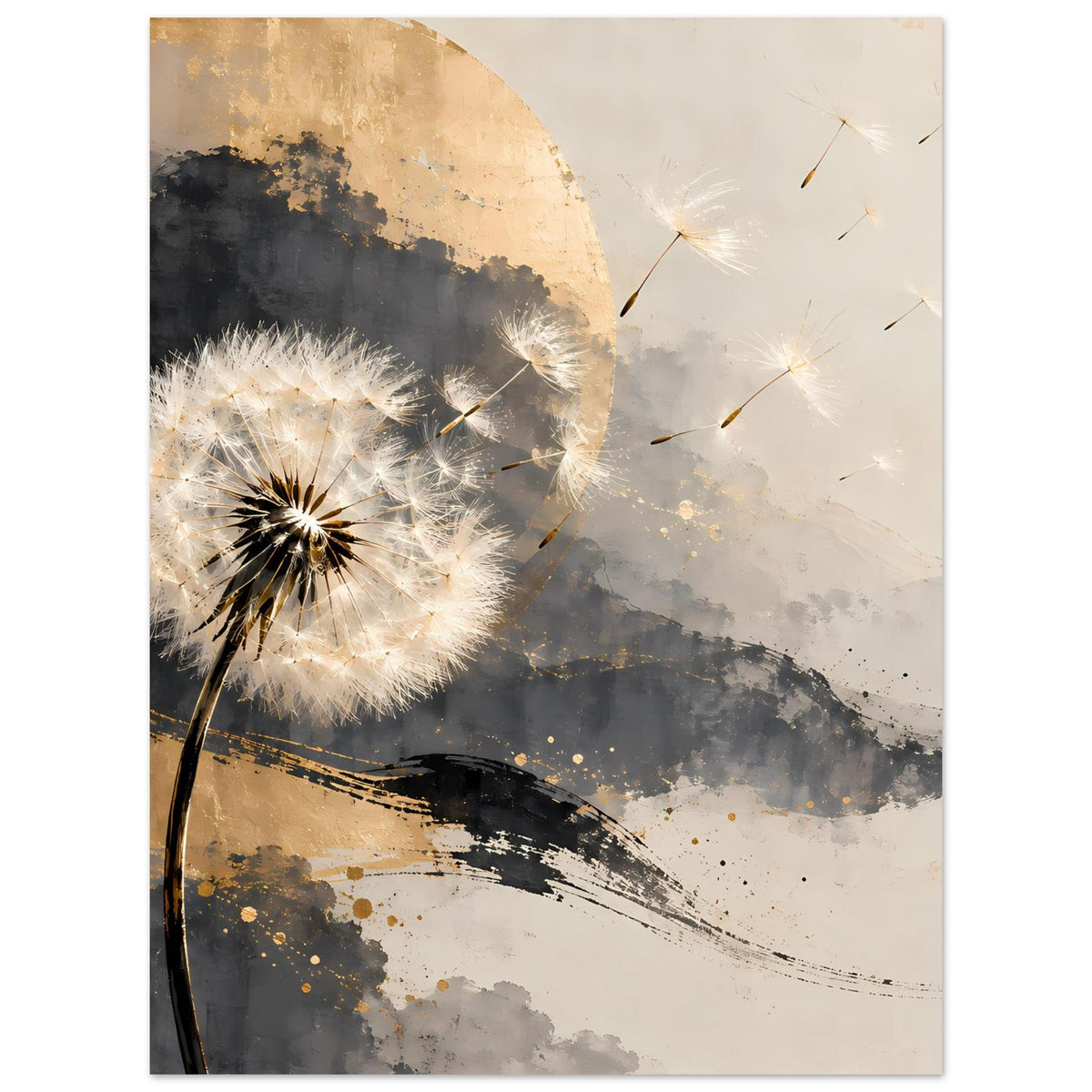 Kunstposter (Hochformat) mit Pusteblume, hellem Flaum, Gold- und Grauschattierungen, Samen