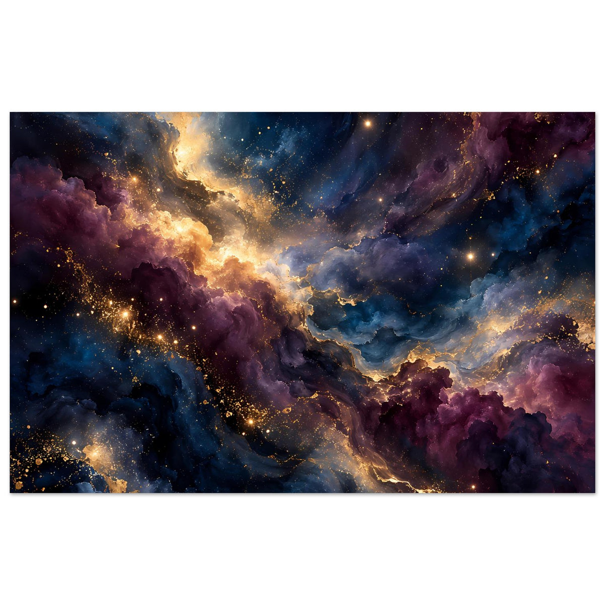 Horizontales Wandposter mit violett-blauem Nebel, Sternen und goldener Lichtspur