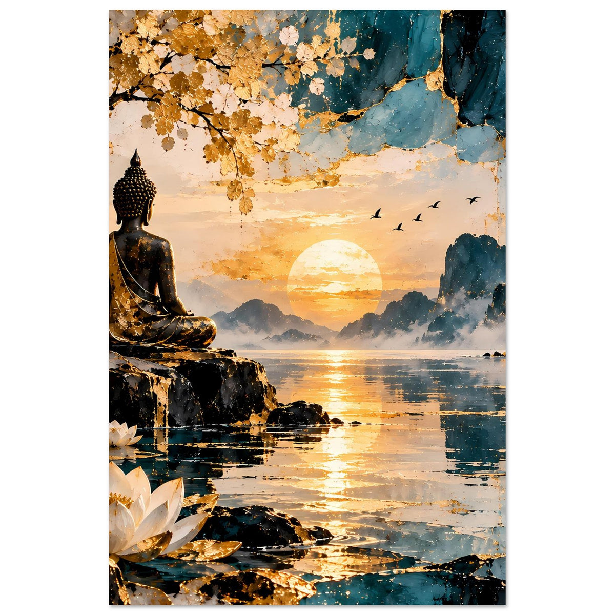Gedrucktes Zen-Poster im Hochformat mit Buddha links, Lotusblüten und Sonnenuntergang