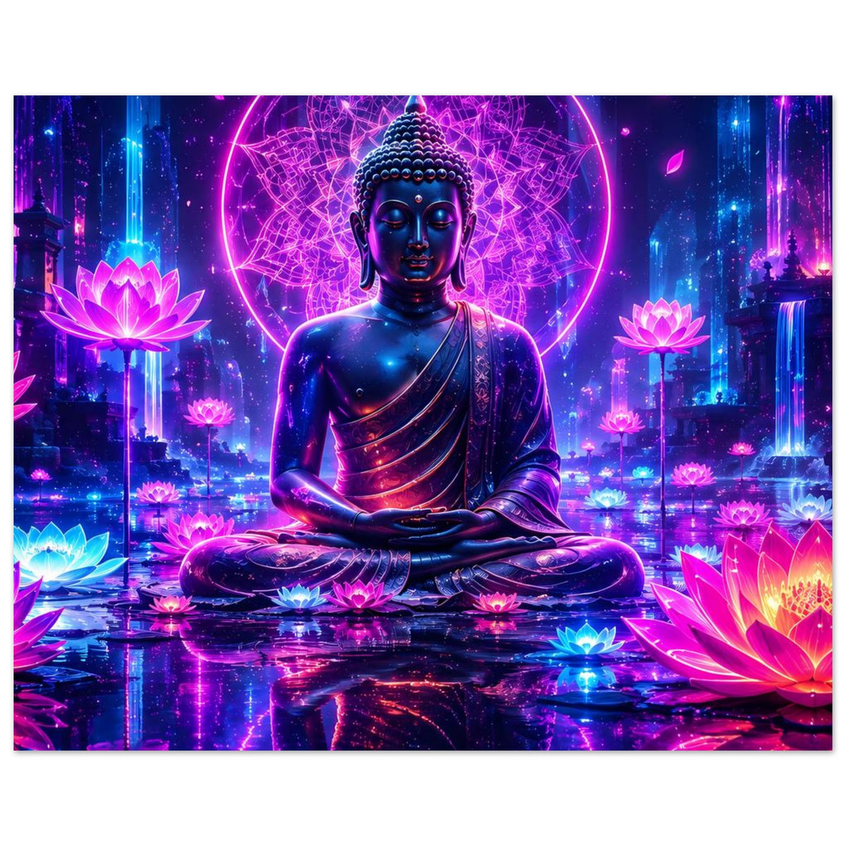 Meditierender Buddha auf Poster: blauer Buddha im Lotussitz, neonpinkes Lichtring-Motiv, Lotus