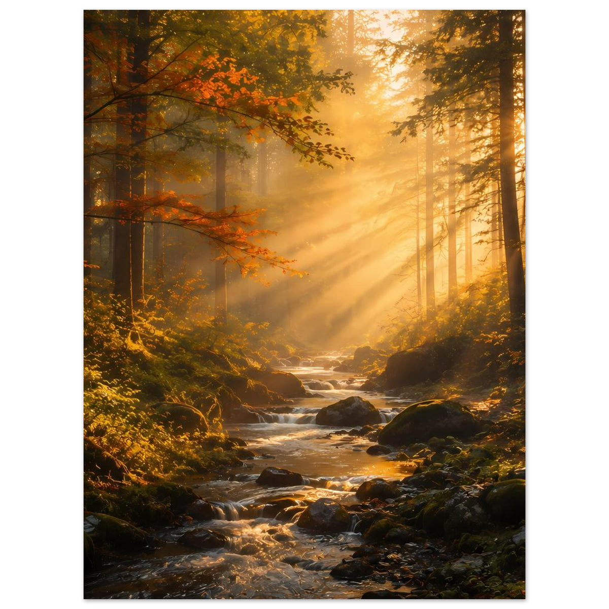 Waldposter mit Sonnenaufgang, goldenen Strahlen über Bachlauf zwischen Steinen