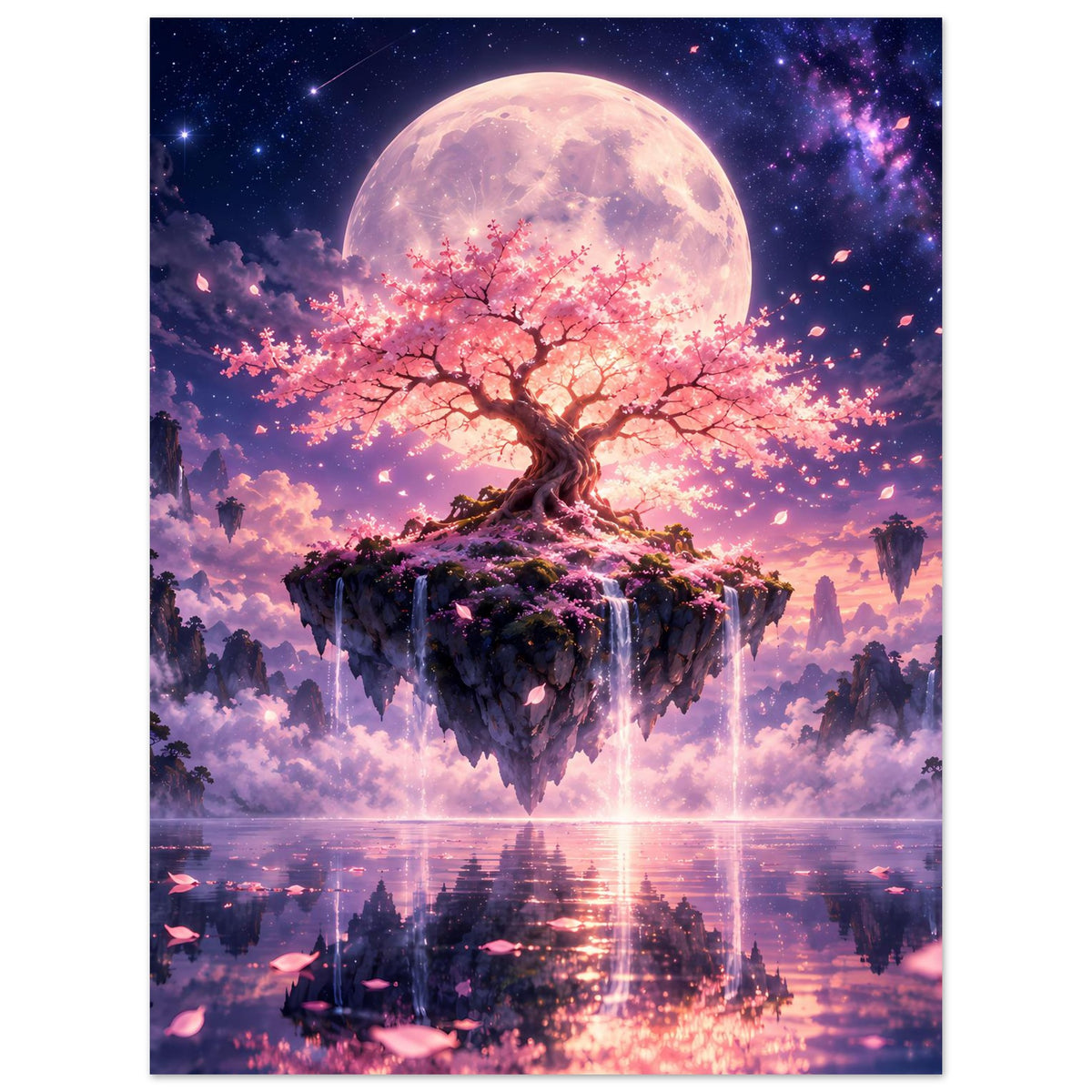 Poster (hochkant) mit Kirschblütenbaum auf schwebender Insel, Vollmond und funkelnden Sternen
