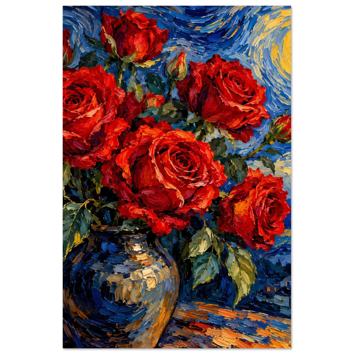 Poster mit rotem Rosenstrauß in Vase vor blauem, gemaltem Nachthimmel mit Wirbelmond