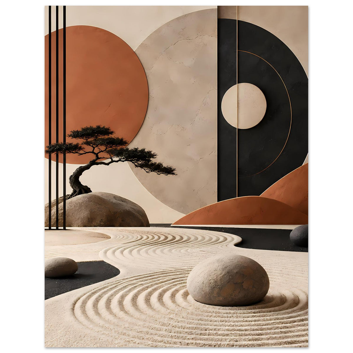 Abstrakter Posterprint mit Baum-Silhouette, Sandwellen und runden Kreisformen in Erdtönen