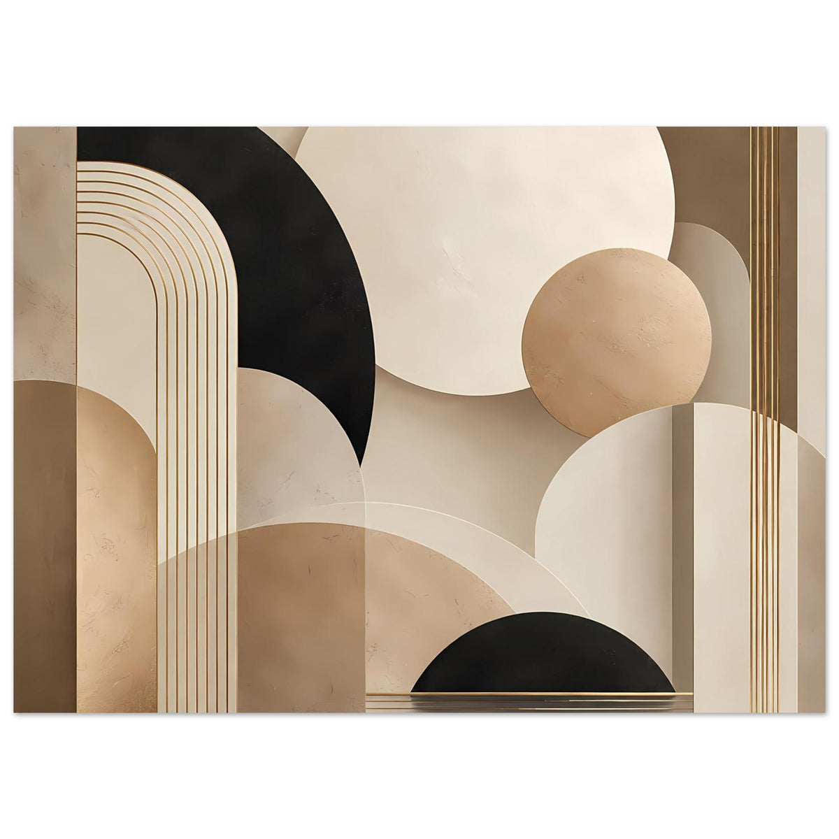 Horizontales Kunstposter: große Kreisformen, Bögen und goldene Linien, Erdtöne mit Schwarz