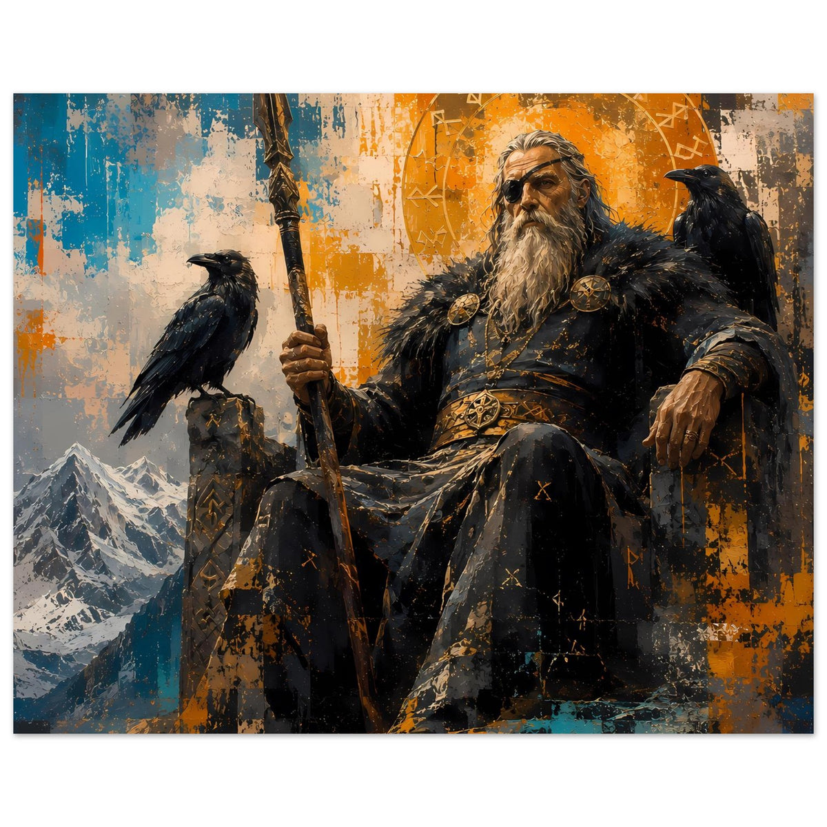 Poster im Querformat: Odin-ähnliche Figur mit Speer und Raben, stilisierte Runen im Kreis